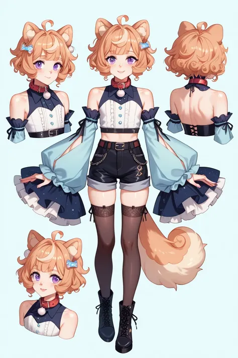 femboy, pomeranian dogboy, pomeranian dog ears, short curly hair, strawberry blond hair, purple eyes, dog collar, beauty marks, moles, freckles, masterpiece, best quality, character sheet, pomeranian tail, full body, fully clothed, male clothes, laced boot...