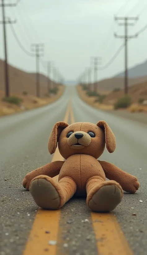 A broken toy lying in the middle of the road, covered in dust and dirt.