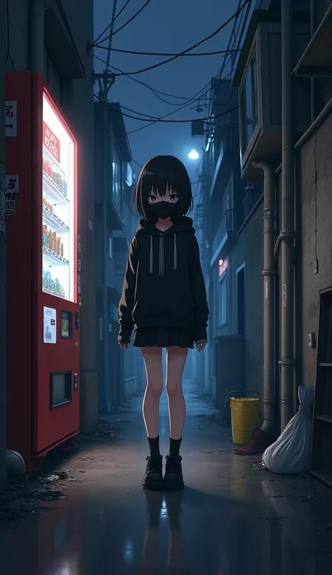 masterpiece ,  top quality,  high definition ,  very detailed,(((Cute black haired girl))), ((( Japanese anime ))), (((Wearing a black mask))), ((( black hoodie ))), ((( Mini Skirt))), ((( vending machine))), ((( dark back street ))), ((( trash scattered )...