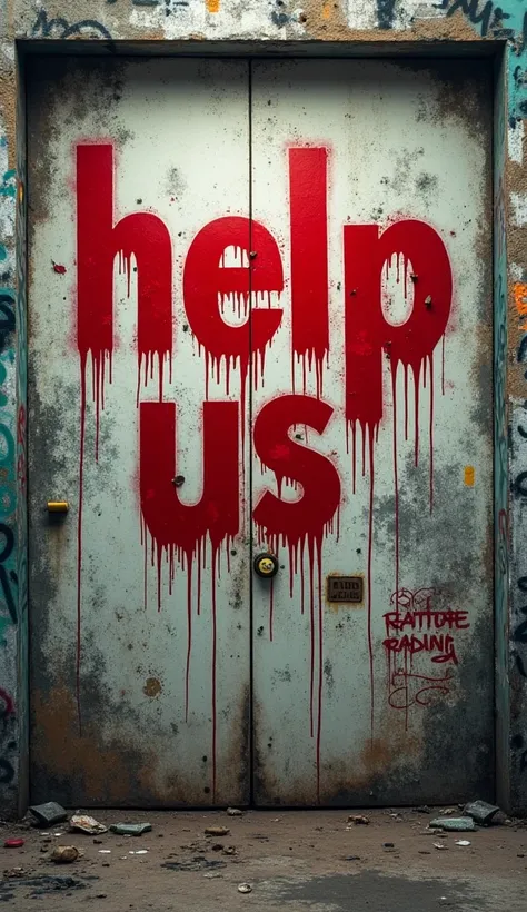 A graffiti-covered wall reading “HELP US” in large, red, dripping letters.