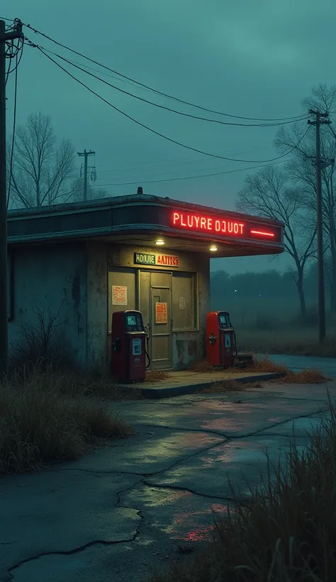 A view of the gas station, its sign flickering faintly, surrounded by overgrown weeds.