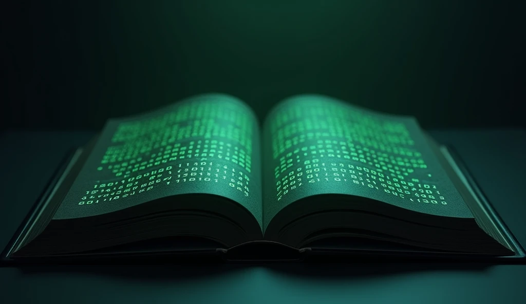 "Create a highly detailed and realistic horizontal illustration of an open book. The book should have dark, slightly textured pages with glowing green binary code (1s and 0s) spread across each of the two visible pages. The binary code should look like it’...