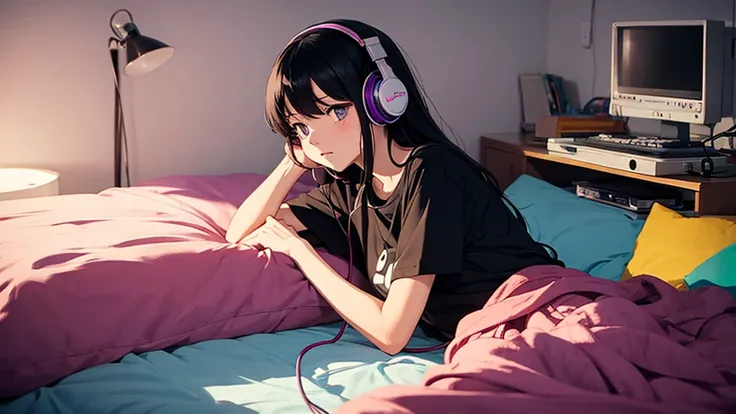 (flat color, retro, low contrast), (lofi), (girl listening to music, black hair, t-shirt, headphone), (cozy room, purple lighting)