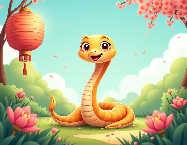 a cute cartoon cobra without legs and hand , background spring weather ,lantern and  english word : GONG XI FA CAI