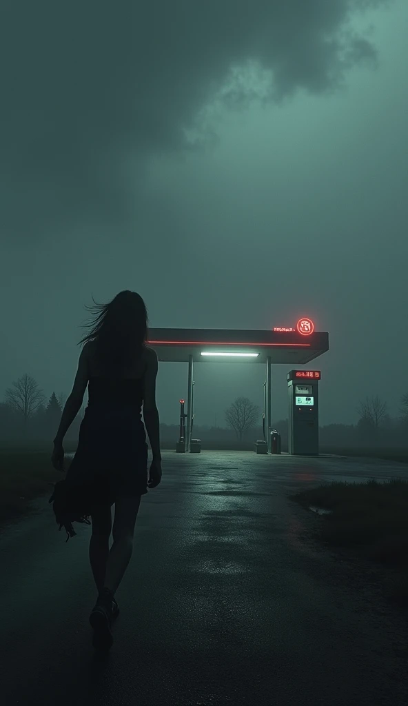 The silhouette of the woman creeping toward the gas station under the dim gray sky.