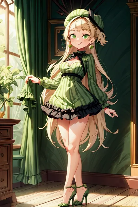 (masterpiece, best quality) 1 girl(Landscape: standing, indoor, intricate detail, sunlight) (Outfit: black and green frilly striped dress, high heels, earrings, beret) (Body: white blonde long hair, green eyes, teen gorgeous body, gorgeous legs, pronounced...