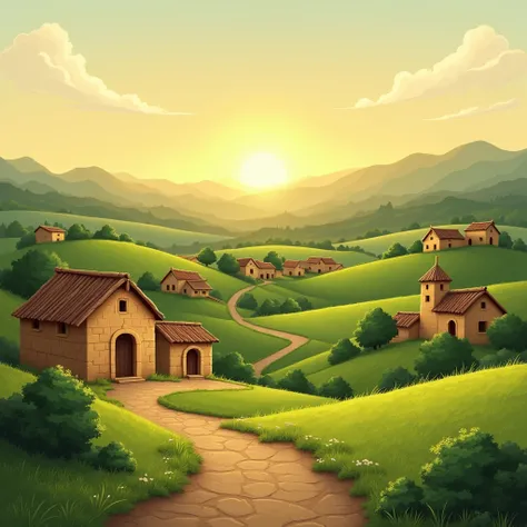 A rustic village setting, with simple mud houses, green fields, and the sun setting in the distance, symbolizing peace and humility.