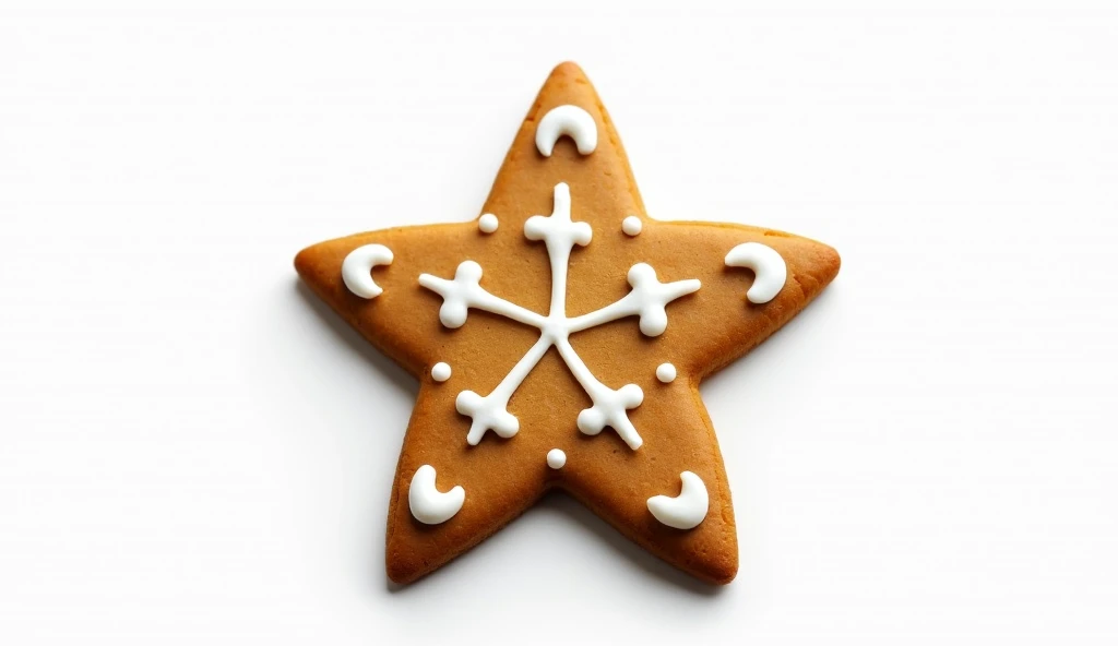 "A single gingerbread star cookie, beautifully decorated with intricate white icing patterns, placed on a white background. The star has a rich golden-brown color, with soft shadows accentuating the cookies edges."

