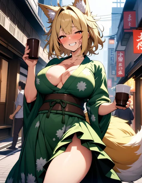 (masterpiece),(best quality),ultra-detailed,very aesthetic,high saturation,BREAK,1girl,30 years old,curvy,large breasts,tall,stout build,bewitching,(a fox tail),blonde fox ears,short hair,blonde hair,beautiful face,(brown eyes),half closed eyes,(messy hair...