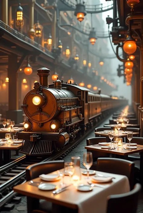 Restaurant décoration Steampunk, avec plusieurs petits trains sur rail qui servent les plats aux clients sur les tables partout dans le restaurant 