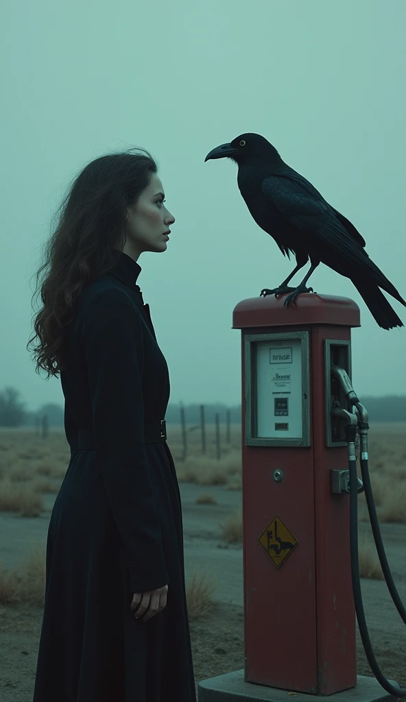 A crow perched on top of a gas pump, staring eerily at the woman.