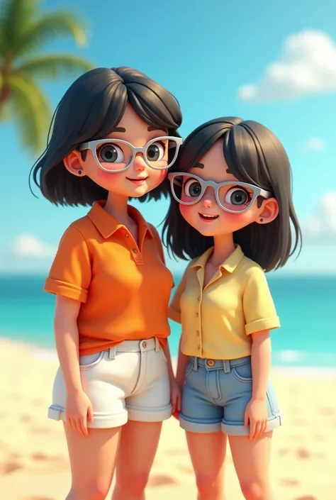 2 girls on the beach standing close to each other, barefoot—girl on the left is taller and chubby, wearing an orange polo shirt and white shorts, has rectangular silver eyeglasses and short black hair. The other girl is shorter, has a silver semicircle eye...