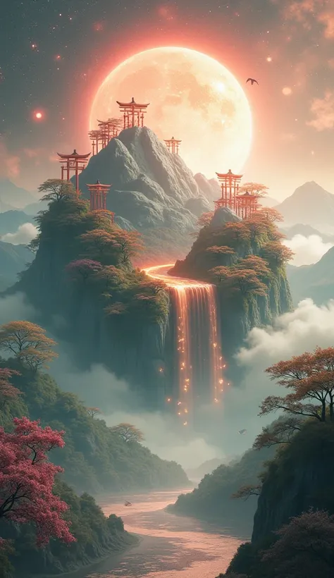 "Design an ultra-realistic and visually captivating planet representing Shintoism. The planets surface should feature sacred Torii gates glowing in soft red and gold, scattered across serene landscapes of misty forests, tranquil rivers, and snow-capped mou...