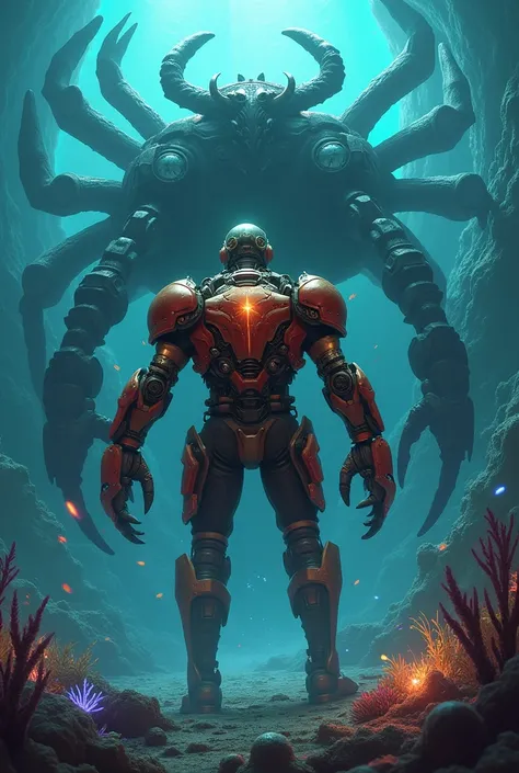 superhero:the crab man armor and he fights against evil deep, the evil deep sea creature

