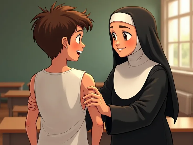 Illustrate an image of a sweaty smiling boy with big brown messy hair, wearing a plain white tank top, standing face to face with an calm nun. The boy’s back is clearly, showing the relaxed muscles of his deltoids. The nun, dressed in her traditional black...