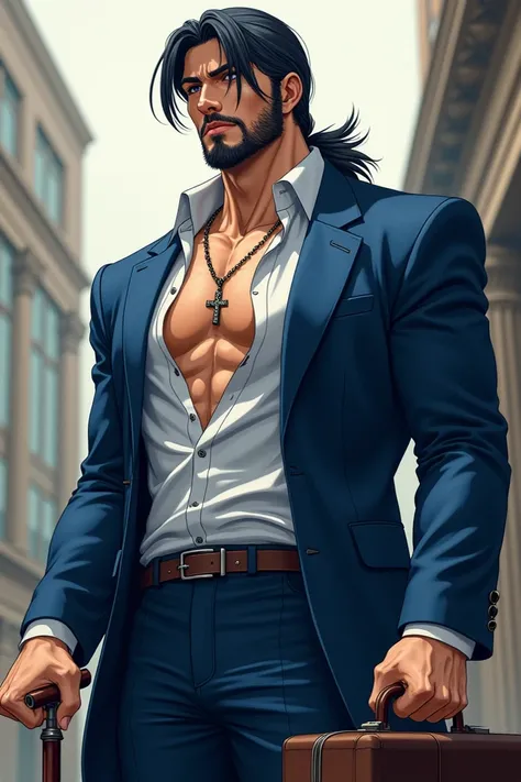 The man in this picture is tall and strong, wearing a blue suit with a white shirt that is unbuttoned at the top, revealing a necklace with a cross pendant. He has long hair tied loosely behind his back, and a beard that gives the appearance of a strong an...