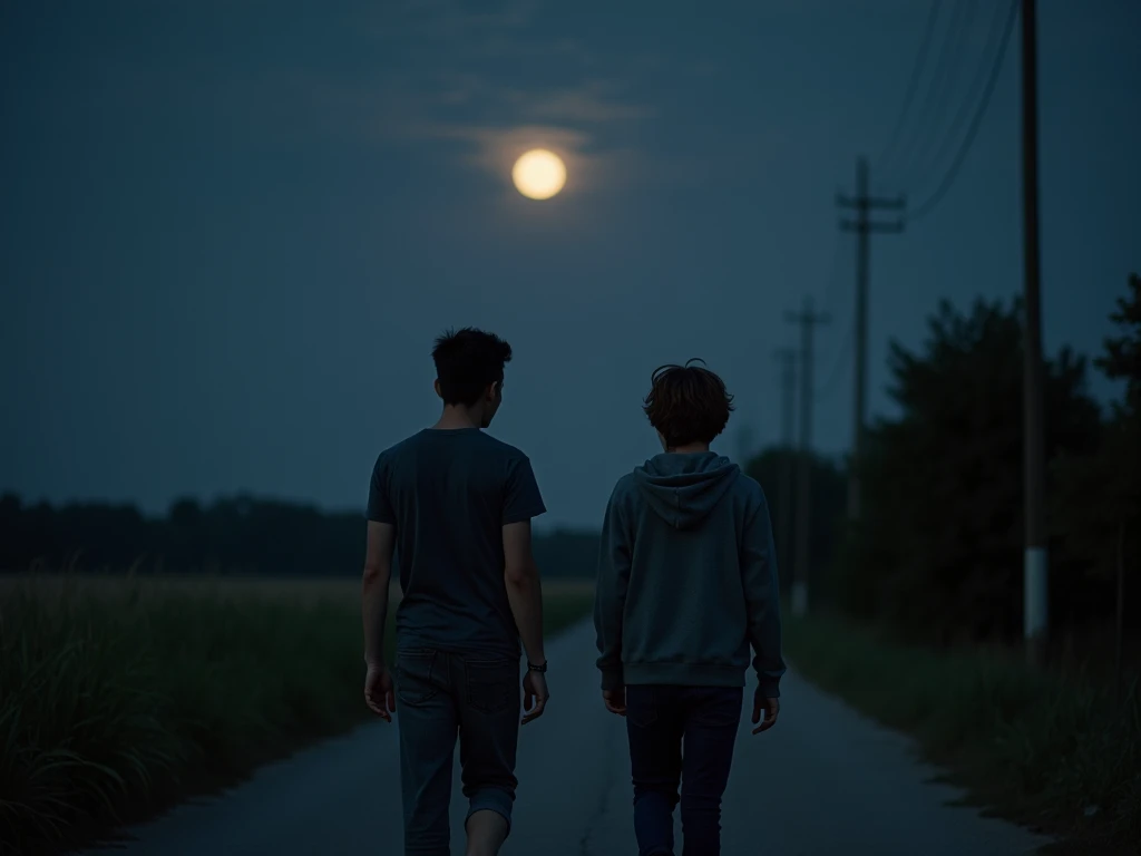 Generate an image of two young male friends walking down a narrow, dark rural road at night. One friend is wearing a casual t-shirt with short black hair, and the other is wearing a hoodie with slightly longer brown hair. They are walking side by side, tal...