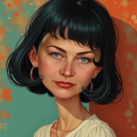 a beautiful young woman with large blue eyes, lush lips, and a wide, cute smile, square haircut, caricature style inspired by Max Saukko, Hans Bellmer, and Alessandro Baldassaroni, detailed female portrait, photorealistic, 8k, masterpiece, highly detailed,...