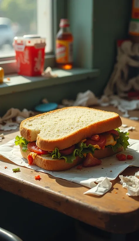 A half-eaten sandwich sitting on a table inside the gas station, surrounded by scattered wrappers.