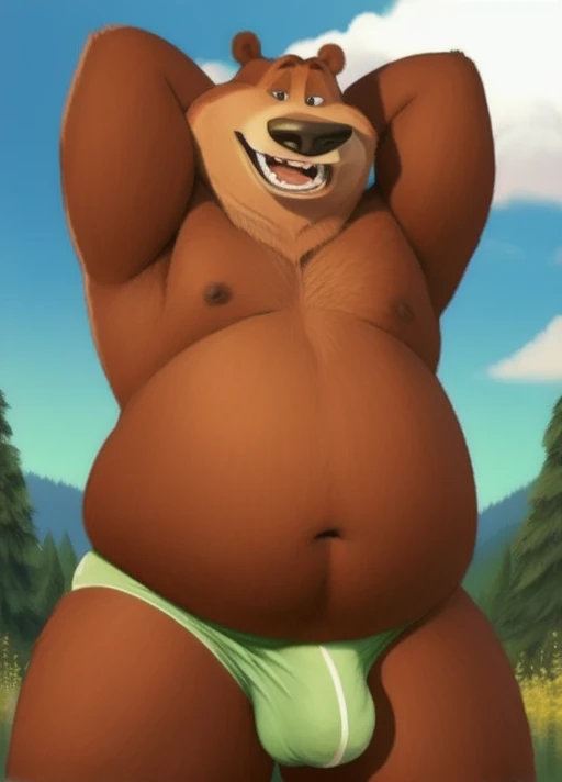 Boog, bear, standing, fat, chubby, thick thighs, smile, arms behind head, seductive, bulge, nude penis testicles erected 