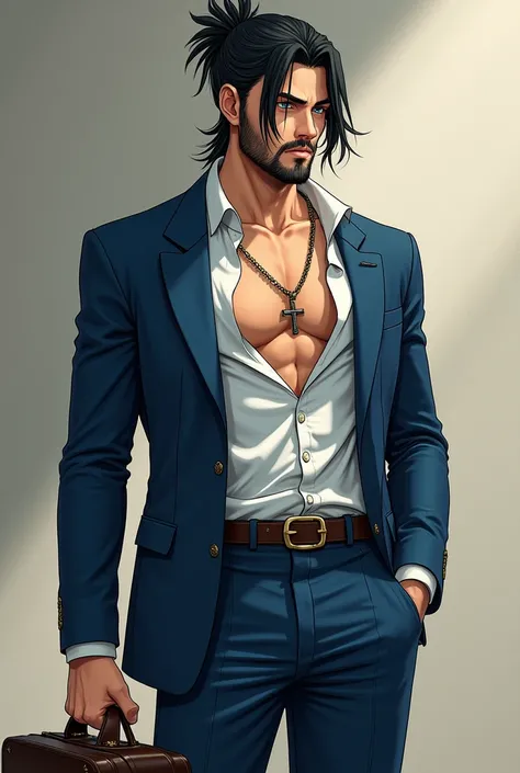 The man in this picture is tall and strong, wearing a blue suit with a white shirt that is unbuttoned at the top, revealing a necklace with a cross pendant. He has long hair tied loosely behind his back, and a beard that gives the appearance of a strong an...