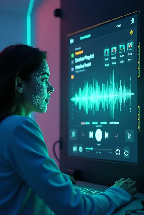 A futuristic AI-powered music player interface. In the background, a serene and modern environment shows a person’s face being analyzed by an AI camera system with emotion-detection indicators (e.g., a happy face with glowing green markers). A dynamic play...