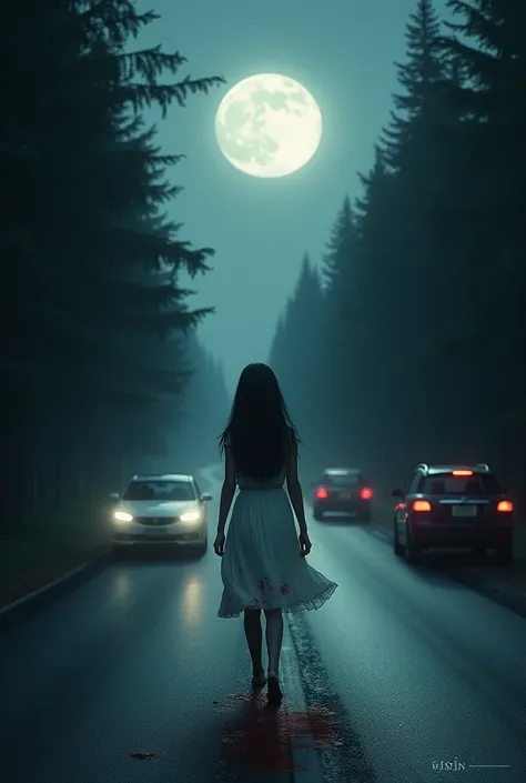 Make a girl dressed in white in a dress  walking down a road on the side of the road where there are trees on one side of the road and cars on the road Walking alone on the dark road in the moonlight barefoot in her white dress stained with blood  