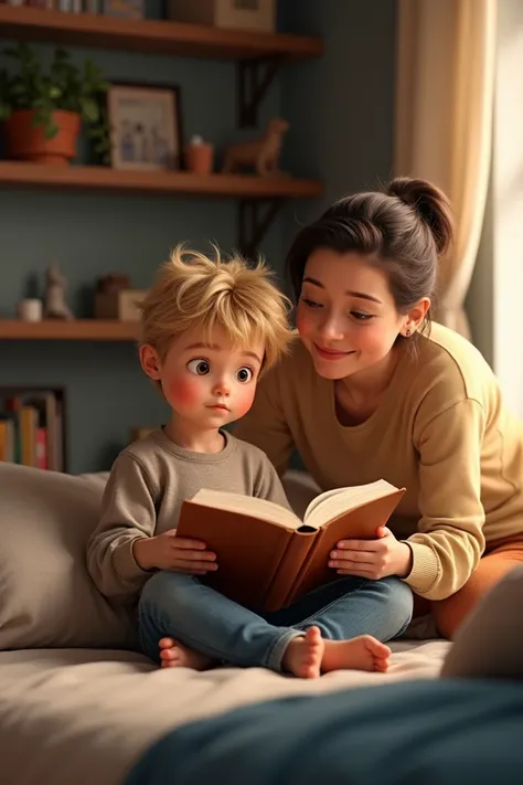 A boy with blond hair is reading a book in the rens room. Mom watches him