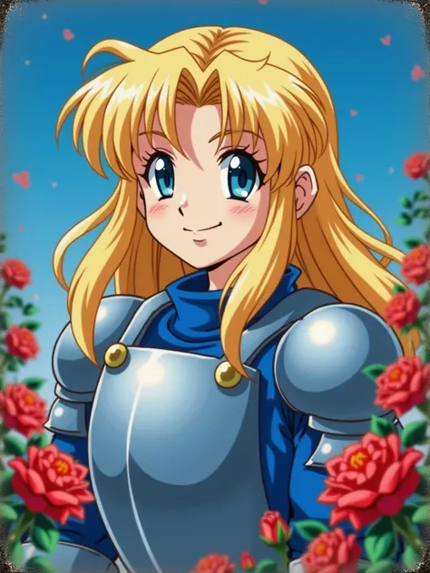  anime frame ,  old anime , anime style 2000 ,  poor quality 2000 ,  fuzzy outlines , blurriness , VHS video ,  retro 2000 ,  blue background with red roses, 










 girl , Blonde hair, blue eyes,blue shirt in steel armor, smile on face