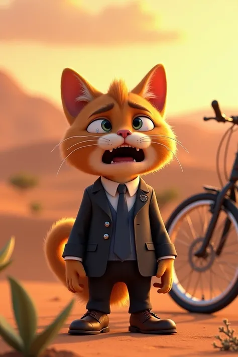 The cat well dressed is very upset because his bike broke down and is crying loudly with tears in his eyes. 3d animation cartoon  evening time on desert 