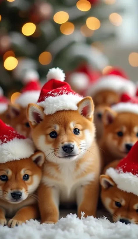 Realistic. Photorealistic. Image is vibrantly colored.
photo,Highly detailed

A heartwarming Christmas scene featuring a large group of Shiba Inu puppies.
The puppies are looking at the camera.
Each puppy is wearing a small Santa hat with fluffy white trim...