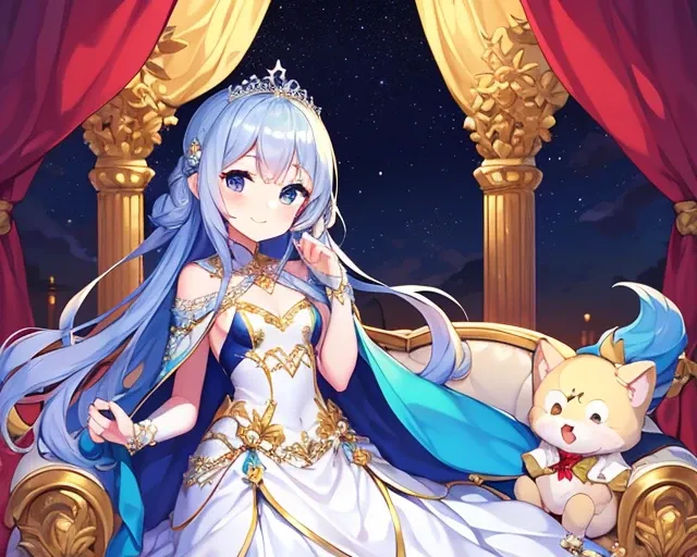 kawaii, best quality, rococo style,(long train blue cape:1.15), very long cape,(long train white ball gown with flower decorations:1.1), a girl is wearing a cape over her gown, 1 little princess, tiara, smile, very long hair, small breasts, looking at view...