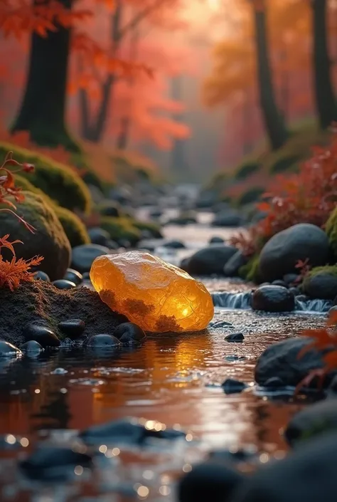  in the stream ， There are small gravel and pebbles next to the stream ， The background is an autumn maple forest ， with a citrine in the stream ， The rough citrine is half wrapped in iron ore，The golden light shines ， simple and beautiful ， Sunlight ，Warm...