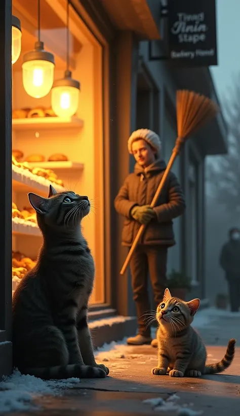 "Outside a brightly lit bakery, the father cat looks up with pleading eyes as a shopkeeper waves him away angrily, holding a broom. Behind the father cat, the little kitten sits on the ground, crying and holding its tiny stomach in hunger. The contrast bet...