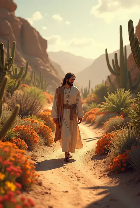 Realistic image of Jesus walking on a road lined with desert plants and flowers Jesus walks forward 