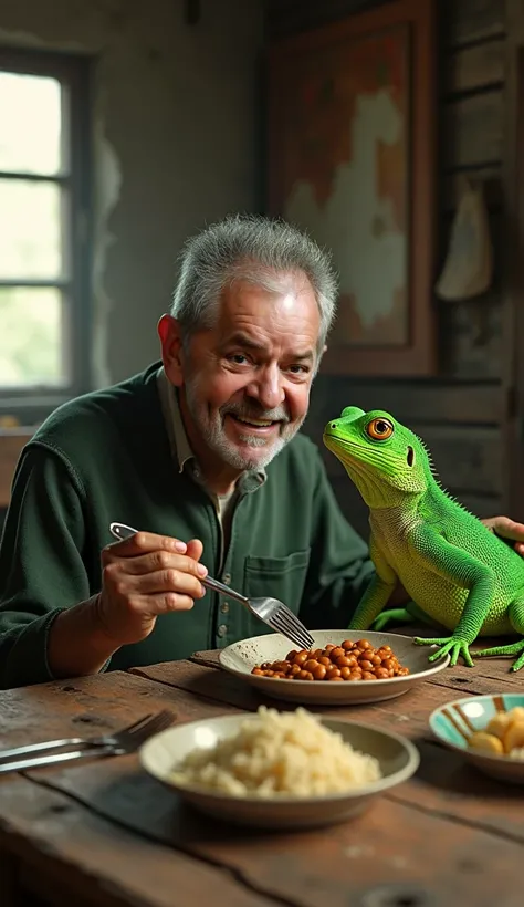 :
"Uma imagem hiper-realista de um homem com características de Luiz Inácio lula da Silva e um calango verde,  dining together at a table inside an old and rustic house .  The table is made of frayed wood ,  with simple dishes and homemade food , like rice...