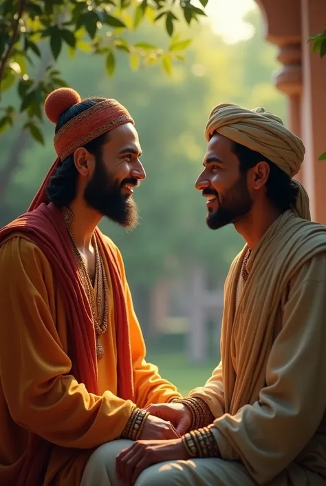 A close-up of Birbal smiling gently, his face radiating wisdom and confidence. His subtle smile conveys intelligence, without exaggeration, reflecting a calm and composed demeanor. Akbar, sitting or standing beside him, looks at Birbal with curiosity and i...