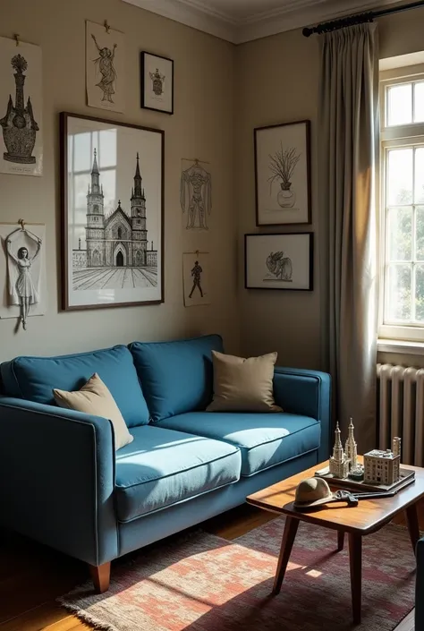  In a small hall ,  there is a blue sofa bed ,  and on the wall . Tuvalde,  There is a drawing of ballerina shoes and a drawing of a soldiers gun. 
 Next to the sofa bed ,  There is a small coffee table ,  on canvas and on ,  There is a mockup of the Galat...