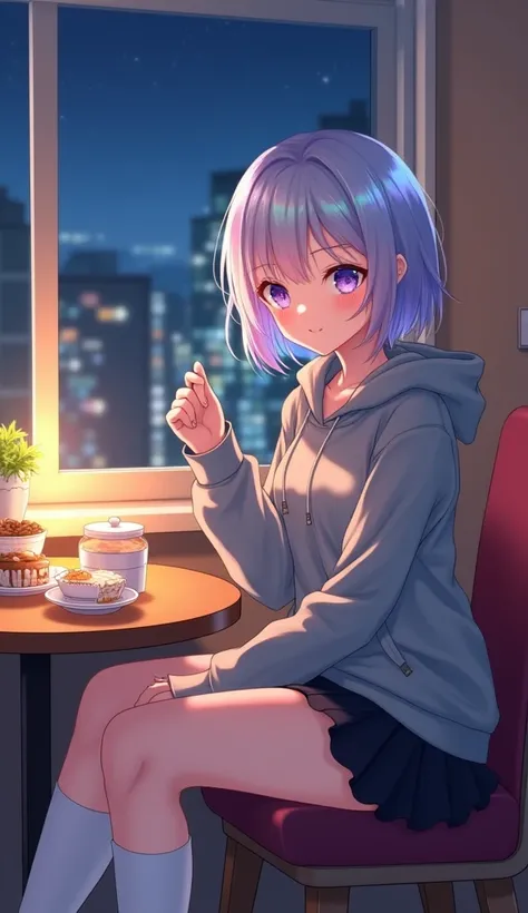 masterpiece,  top quality,  high definition ,  very detailed,((( pretty girl with iridescent hair ))), ((( Japanese anime ))), ((( short hair))), ((( gray hoodie))), ((( black miniskirt))), ((( white high socks ))), (((indoor))), ((( sitting on a chair )))...