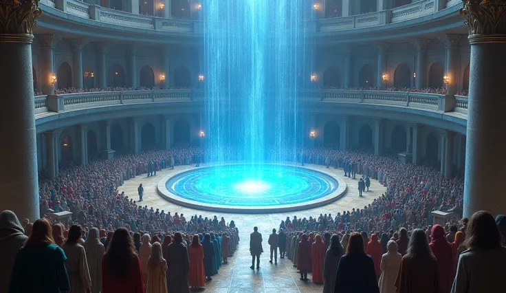 A large semicircular square on top of the balconies is viewed by a crowd of people, Elves, Fairies, Dwarves, below on the square, a round portal shining in blue 