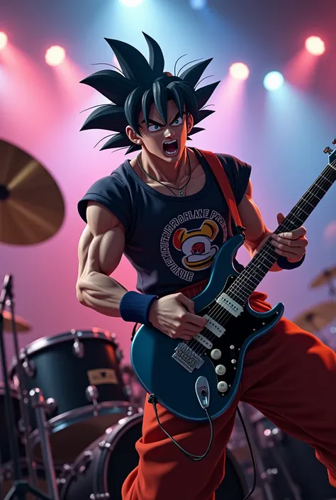  t-shirt the character Goku from the Dragon Ball series,  When I was a  , Playing the drums at a concert, and wearing a rock 