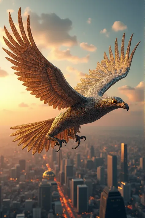 Imagine a surreal and captivating scene: a massive bird made entirely of the city’s architecture soars gracefully through the sky. Its wings are crafted from rows of shimmering glass skyscrapers, reflecting the golden hues of a setting sun. The feathers gl...