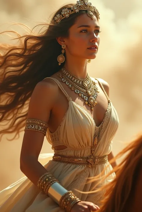 (close up:1.3),Sandstorm、A beautiful girl rides a Pegasus with wings、       Ancient Greek Costume 、    luxury accessories