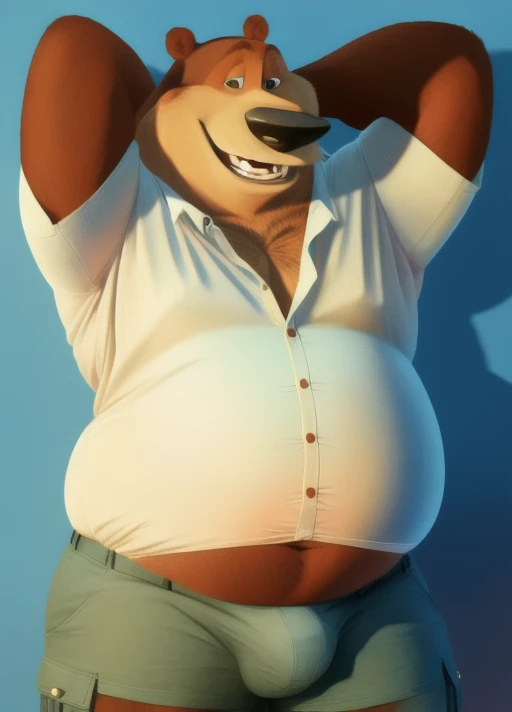 Boog, bear, standing, fat, chubby, thick thighs, opened button shirt, cargo shorts, smile, arms behind head, seductive, bulge, sexy body 