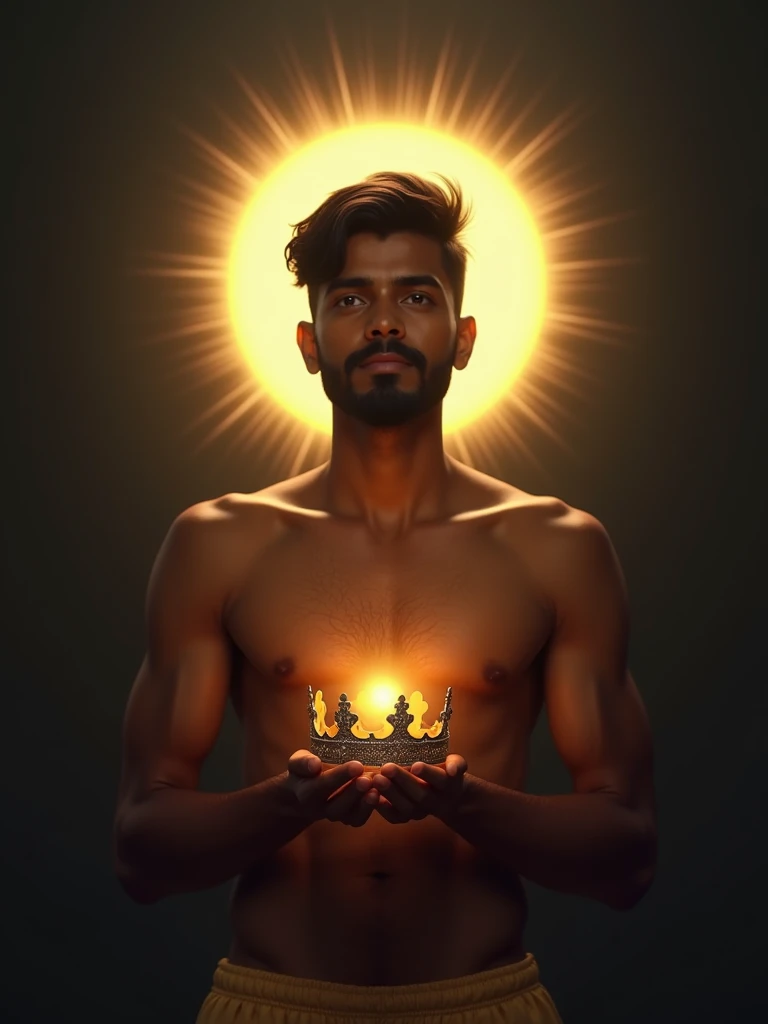 A young Indian man age 28 with beard with a glowing halo on his head, short black hair, without a shirt, stands in an idle position holding a crown. dark background. golden ratio composition. 