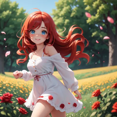 best quality, highly detailed, detailed background, overly cute, adorable, dangerously squeezable cheeks, girl, red hair, long hair, messy hair, blue eyes, freckles, dress, sleeved, orange highlights, joyful, running, (happy:0.8), outdoors, country, fields...