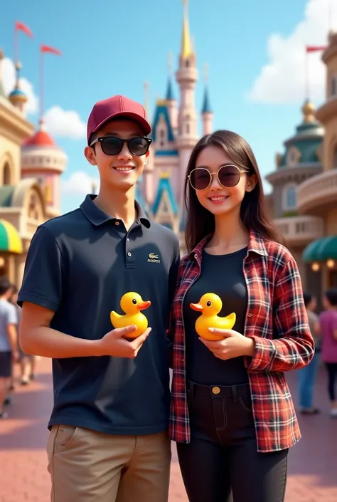 Photo un couple en disney Pixar : le gars est un comme chinois met une lunette de soleil avec casquette grenat et polo bleu marine Lacoste, la meuf avec un t-shirt noir et chemise carreaux oversize et pantalon noir elle met une lunette elle a une teinte ma...