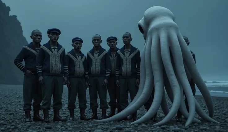 Vue densemble dun groupe dhommes-calmar habillé en marin norvégien de 1920, réunis sur une plage de galets, à coté dun seul tentacule blanc géant, de nuit.