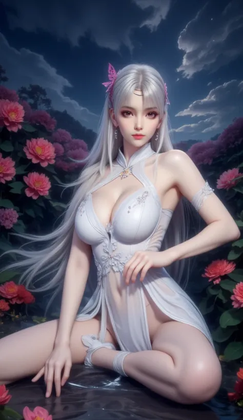 a digital painting captures a woman in a white dress, adorned with long blonde hair, Her left leg is bent at the elbow, while her right leg is crossed at the waist. The womans hair is adorned with red flowers, adding a pop of color to the scene. The scene ...