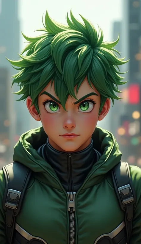 "Generate a live-action style image of a young male hero with messy green hair and bright, determined eyes. He is wearing a modern superhero costume that looks tactical and practical, with a unique design that incorporates elements such as gloves and boots...